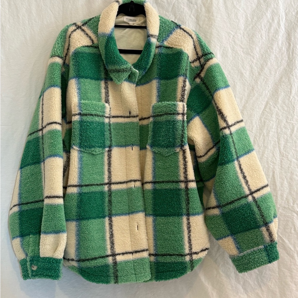 Sincerely Jules for Bandier Cozy Plaid Jacket in Green and Cream